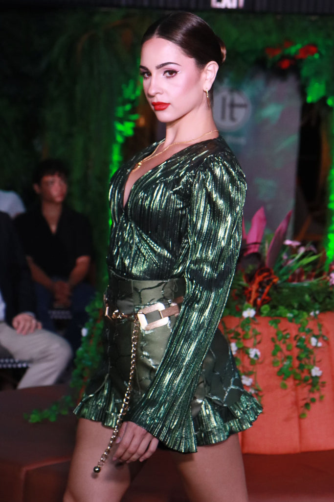 Kelly Green Metallic Dress with Green Burn Out Brocade Corsetted Belt