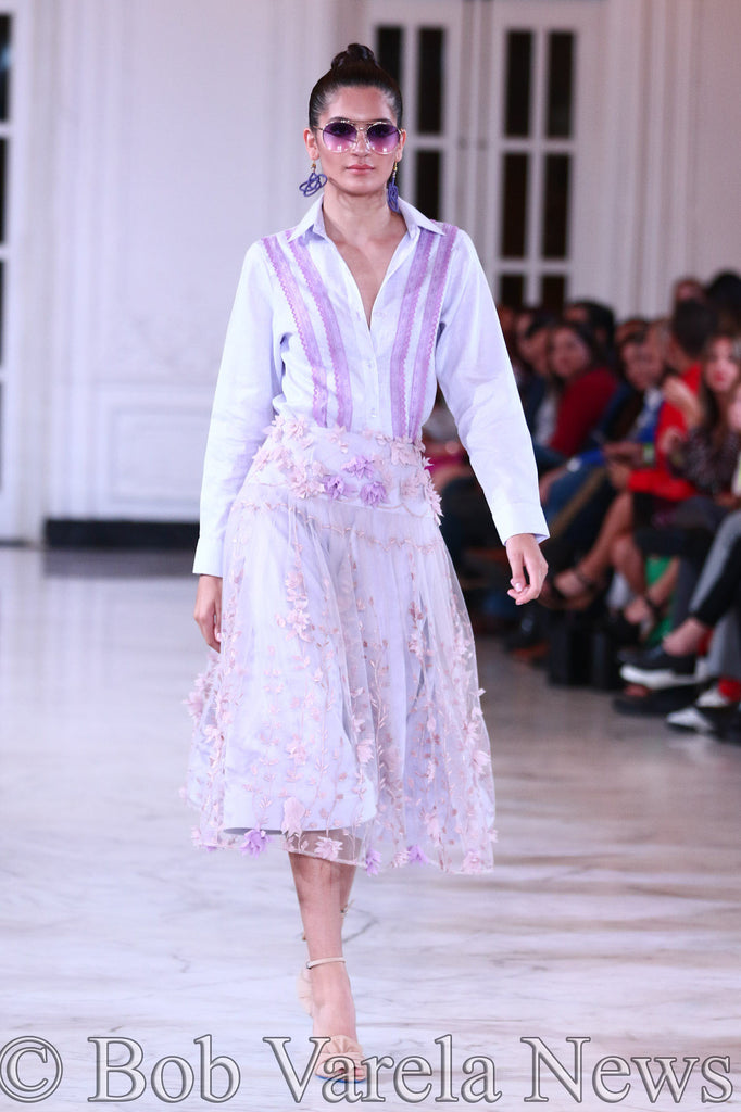 Lavender linen shirt and 3D lined flower tulle skirt