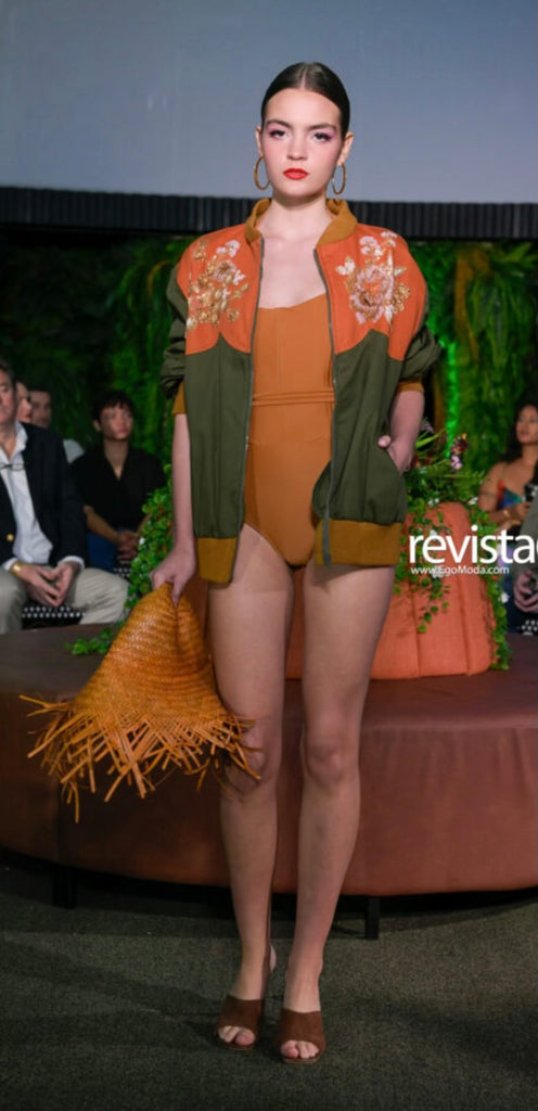 Olive and Burnt Orange Twill and Lace Bomber Jacket