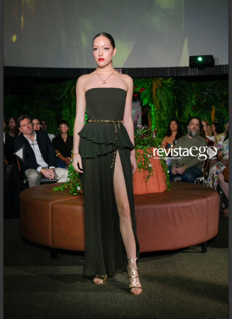 Forest Green Pleated Chiffon Midi Dress