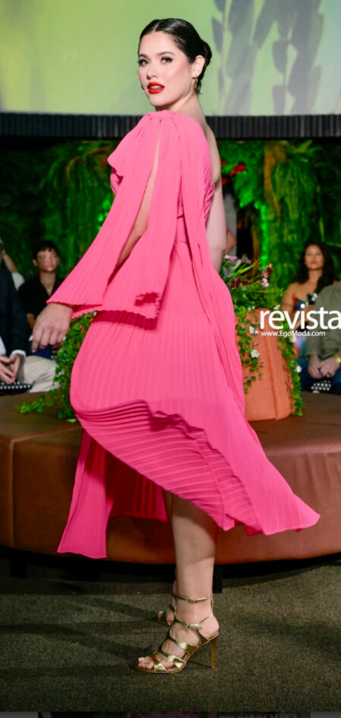 Neon Bubble Gum Pink Pleated Chiffon Midi Dress