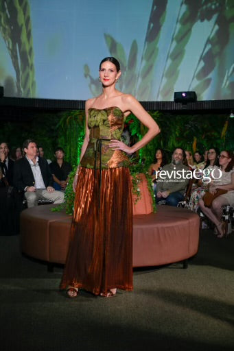 Brocade & Pleated Metallic Skirt, Long Dress with Velvet Ribbon