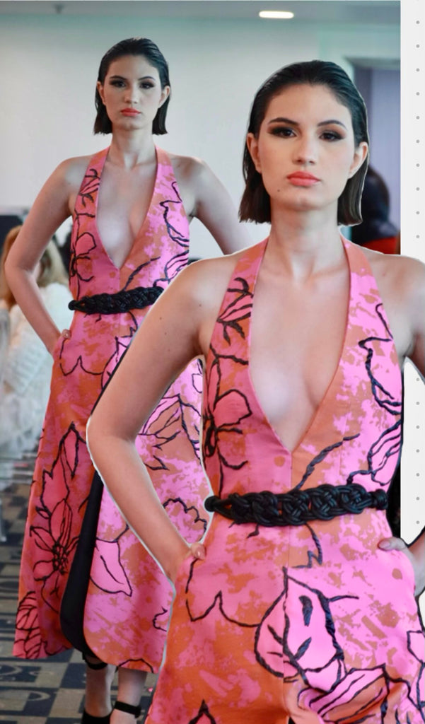Pink, Orange and Black Brocade Midi Dress