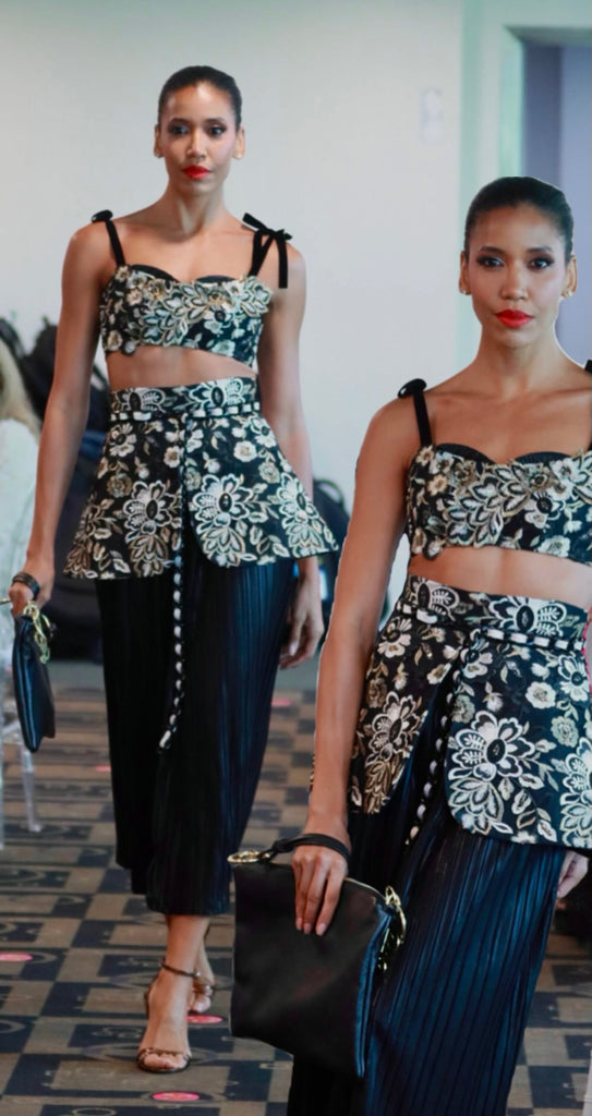 Black & Ivory Lace and Pleated Metallic Skirt Set