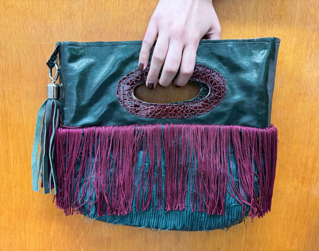 Patent leather clutch with fringe details