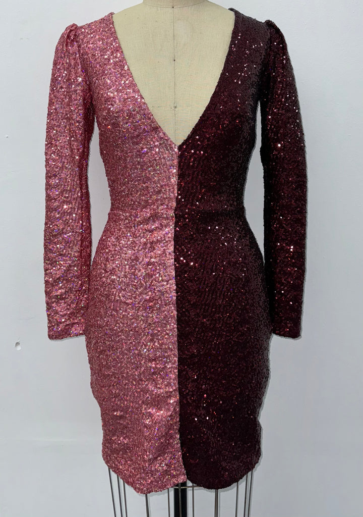 Two tone long sleeve sequins dress