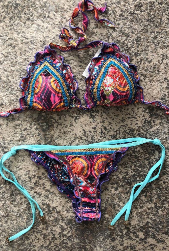 Beaded printed bikini top and bottom with blue details