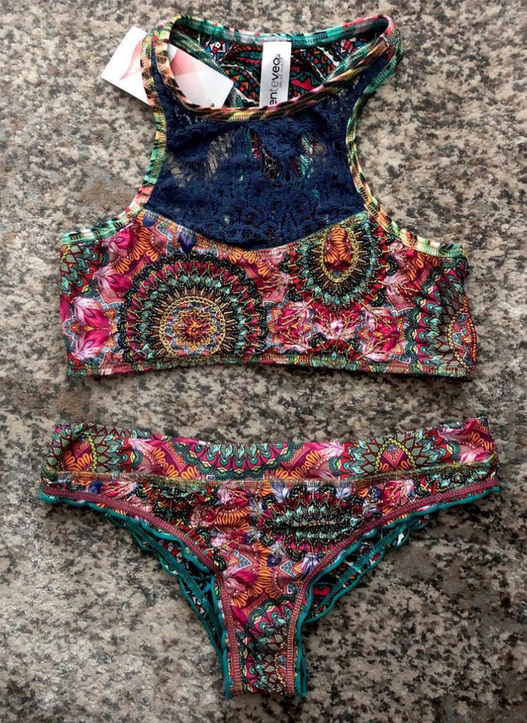 Beaded printed racerback with purple lace detail bikini top only
