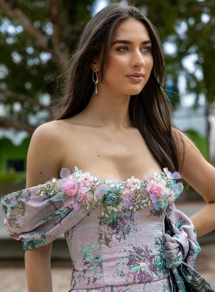 Pink & Teal Brocade Midi Dress