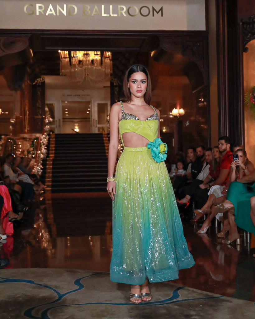 Beaded Dregade Tulle Dress Lime & Turquoise