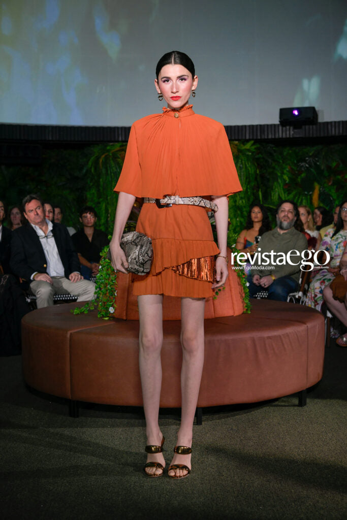 Burnt orange twill and metallic pleated short dress with cape