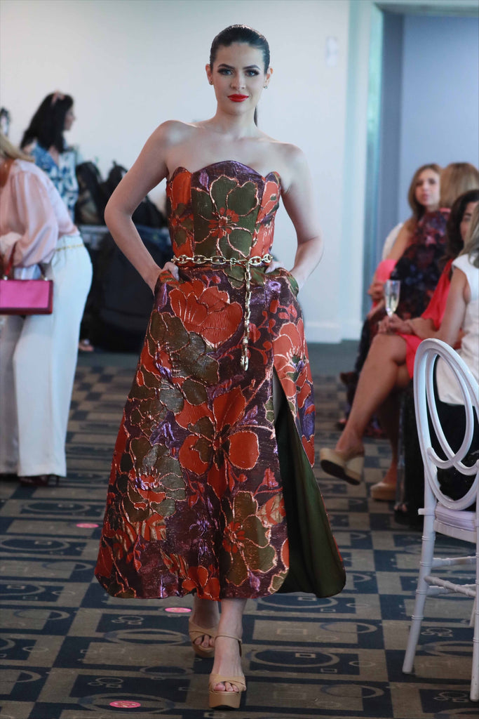 Green. Lilac & Orange Brocade Midi Dres