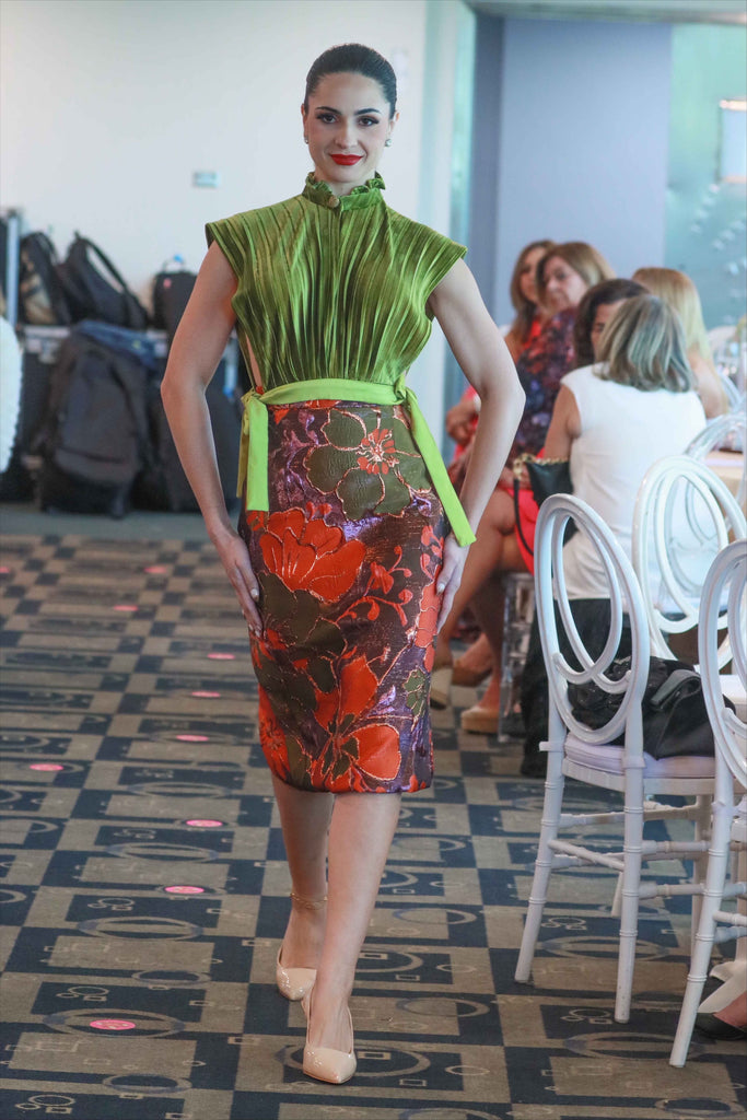 Green Velour Top and Green. Lilac & Orange Skirt