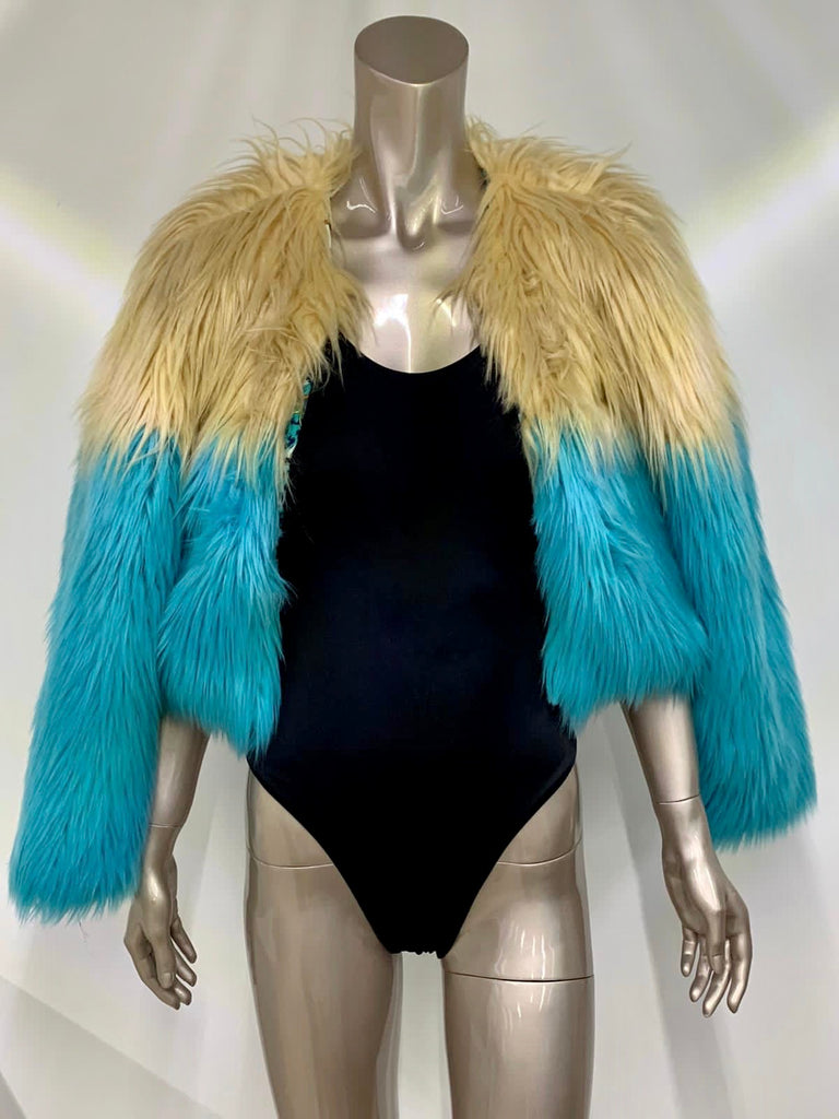 Color Blocked Nude/Bright Blue Faux Fur Coat
